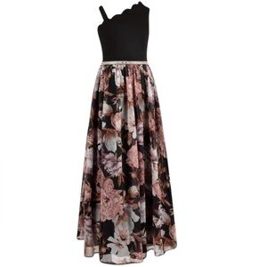 Speechless Kids girls one strap floral rhinestone scalloped metallic maxi dress